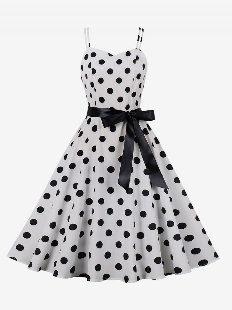 Robe Vintage Des Années 1950 Audrey Hepburn Style Rose À Pois Rockabilly Sans Manches Pour Femmes - Blanc