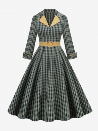 Robe Vintage Des Années 1950 Audrey Hepburn Style Turndown Collar Manches Longues Femme Medium Plaid Rockabilly Dress