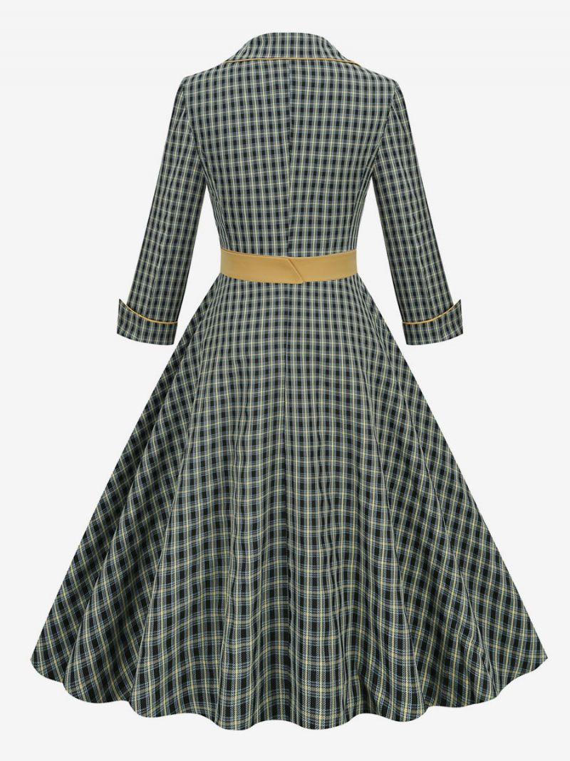 Robe Vintage Des Années 1950 Audrey Hepburn Style Turndown Collar Manches Longues Femme Medium Plaid Rockabilly Dress - Vert Chasseur