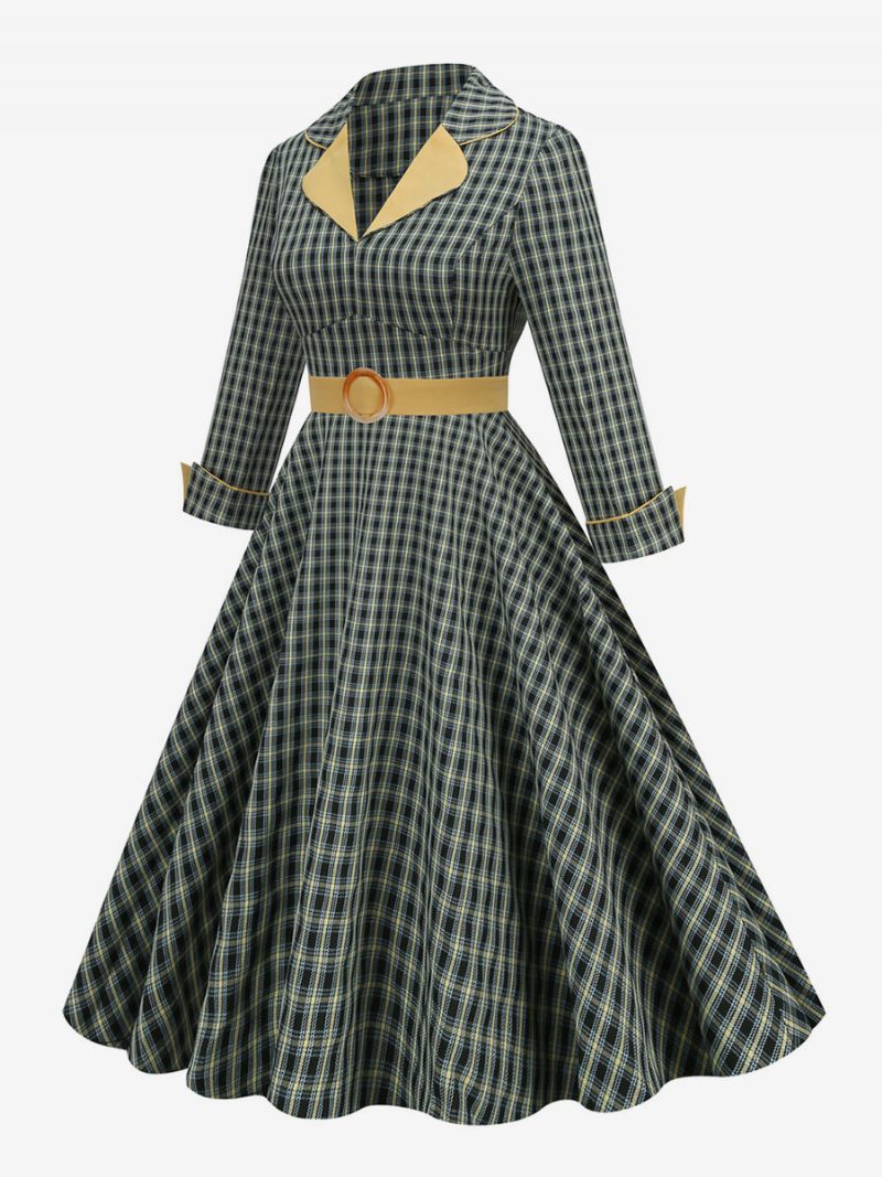 Robe Vintage Des Années 1950 Audrey Hepburn Style Turndown Collar Manches Longues Femme Medium Plaid Rockabilly Dress - Vert Chasseur