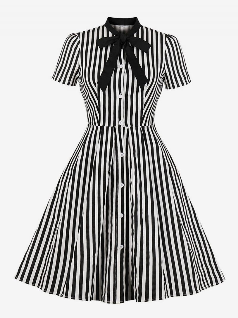 Robe Vintage Des Années 1950 À Rayures Avec Nœud Papillon Manches Courtes Rétro Pour Femmes