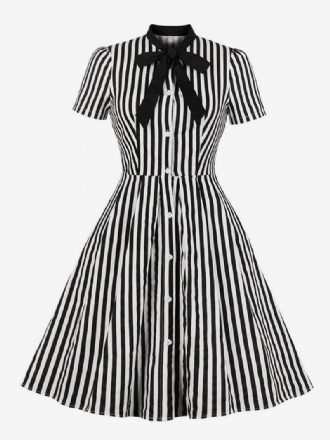 Robe Vintage Des Années 1950 À Rayures Avec Nœud Papillon Manches Courtes Rétro Pour Femmes