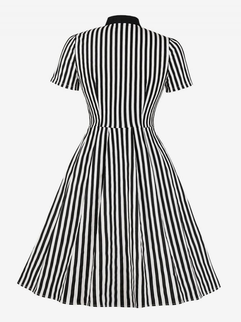 Robe Vintage Des Années 1950 À Rayures Avec Nœud Papillon Manches Courtes Rétro Pour Femmes - Noir