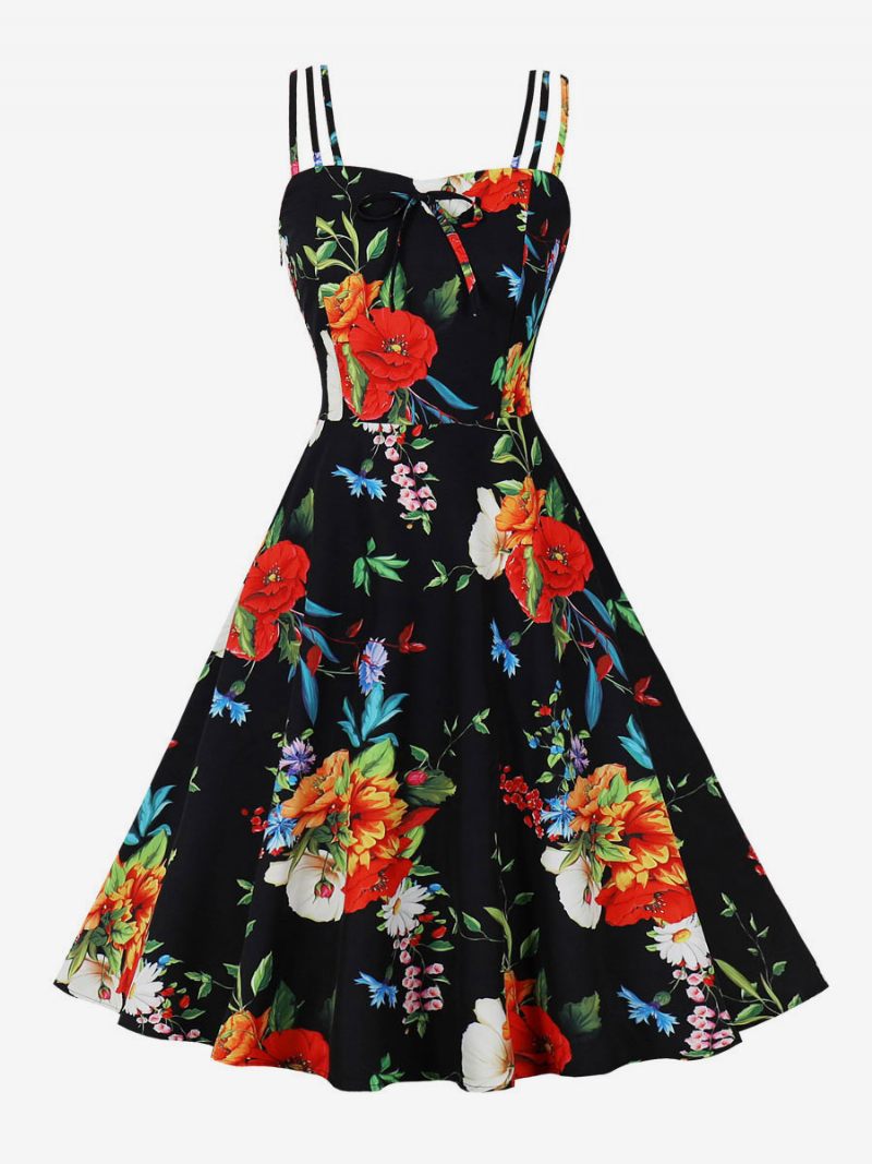 Robe Vintage Des Années 1950. Style Audrey Hepburn Dos Nu Sans Manches Longueur Aux Genoux Imprimé Floral Rockabilly