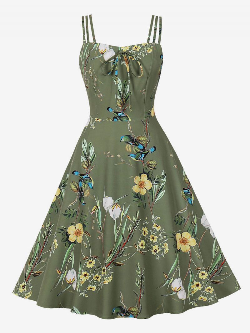 Robe Vintage Des Années 1950. Style Audrey Hepburn Dos Nu Sans Manches Longueur Aux Genoux Imprimé Floral Rockabilly - Vert Chasseur