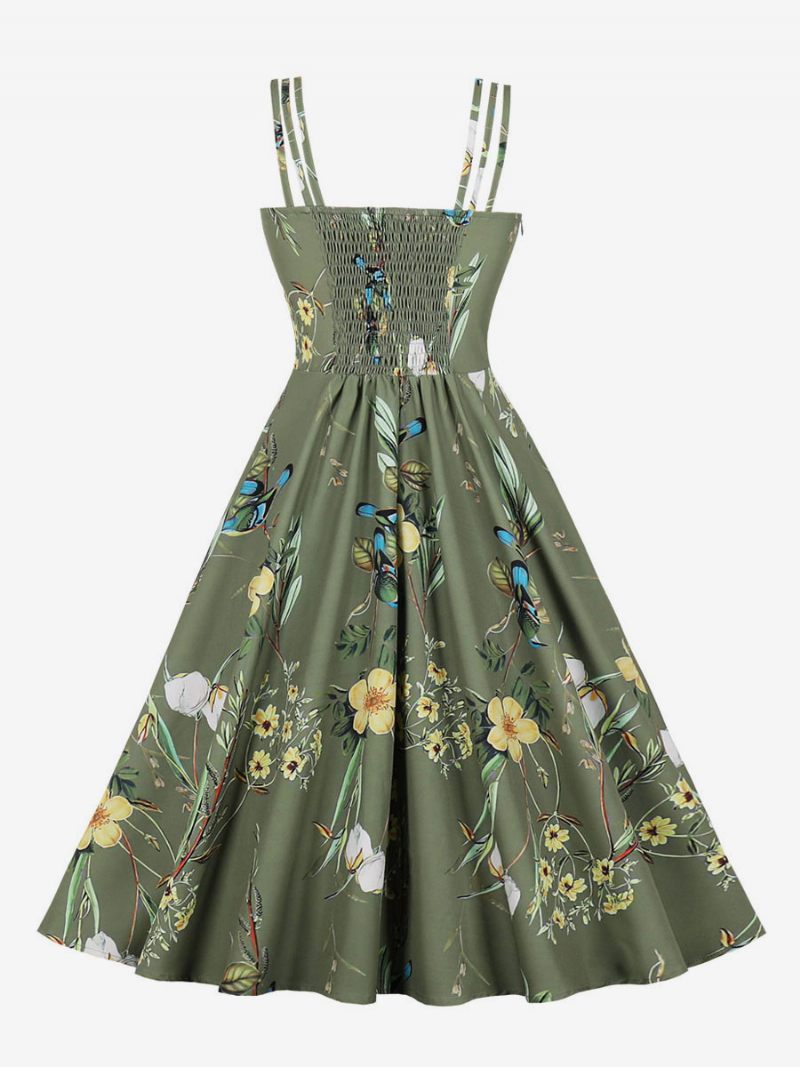 Robe Vintage Des Années 1950. Style Audrey Hepburn Dos Nu Sans Manches Longueur Aux Genoux Imprimé Floral Rockabilly - Vert Chasseur