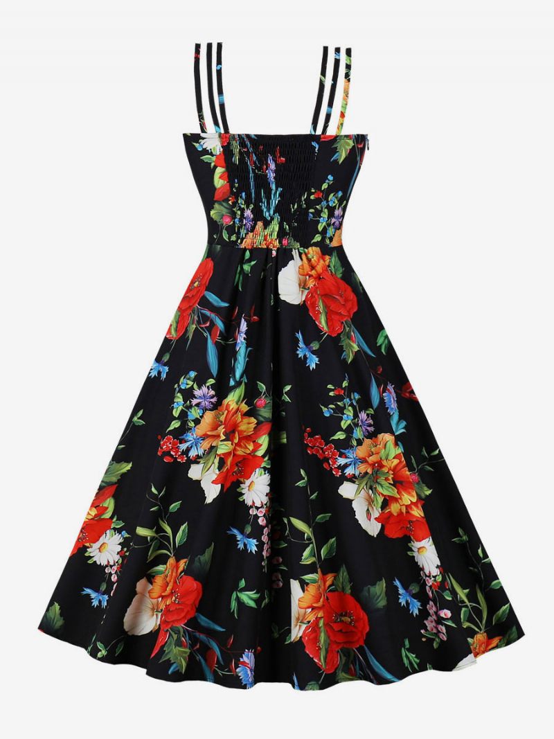 Robe Vintage Des Années 1950. Style Audrey Hepburn Dos Nu Sans Manches Longueur Aux Genoux Imprimé Floral Rockabilly - Noir