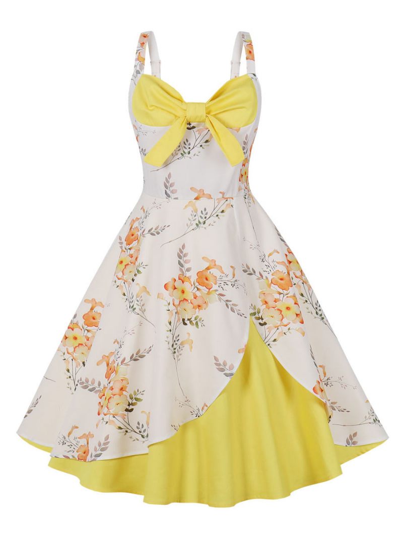 Robe Vintage Des Années 1950. Style Audrey Hepburn Sans Manches Longueur Aux Genoux Imprimé Floral Trapèze - Jaune