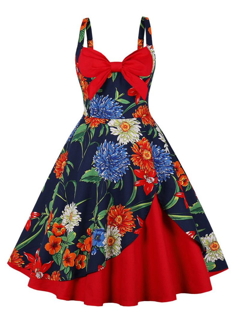 Robe Vintage Des Années 1950. Style Audrey Hepburn Sans Manches Longueur Aux Genoux Imprimé Floral Trapèze - Rouge