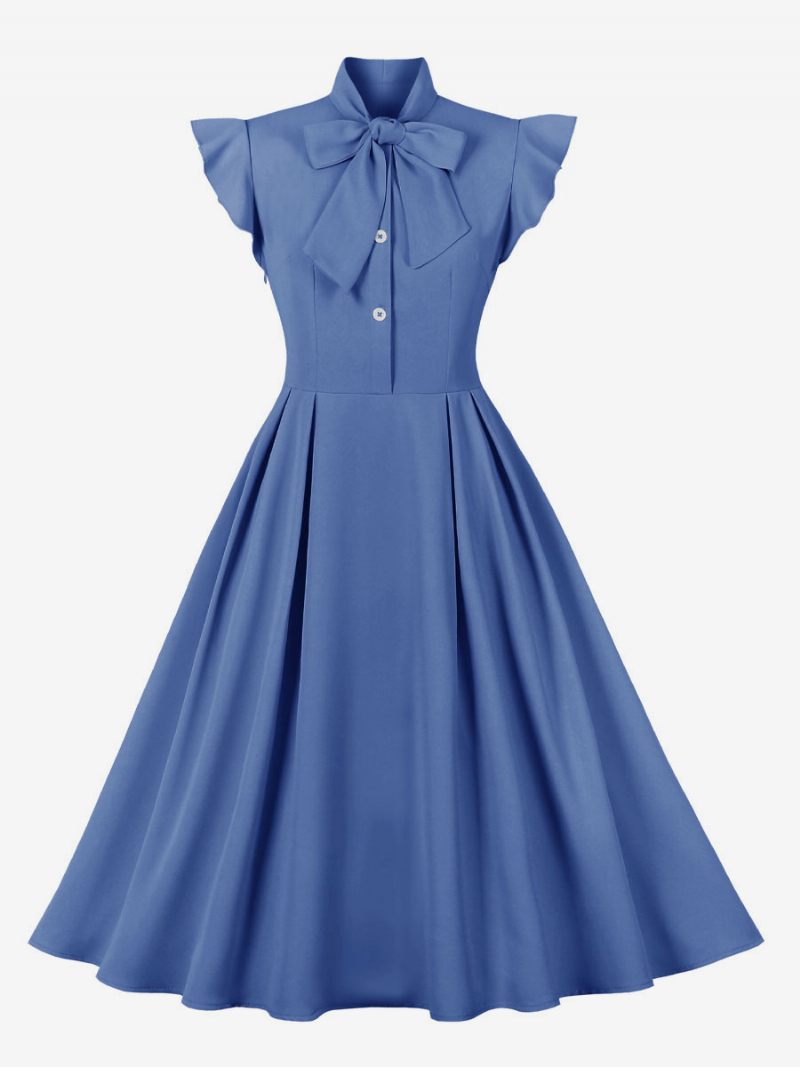 Robe Vintage Femme Années 1950 Audrey Hepburn Style Blue Bows Swing Dress - Bleu