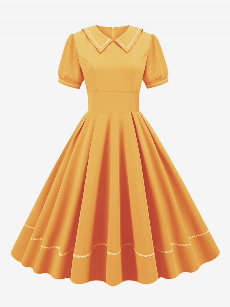 Robe Vintage Femme Années 1950 Audrey Hepburn Style Jaune Manches Courtes Col Rabattu Trapèze Moyenne