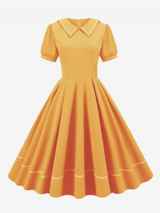 Robe Vintage Femme Années 1950 Audrey Hepburn Style Jaune Manches Courtes Col Rabattu Trapèze Moyenne