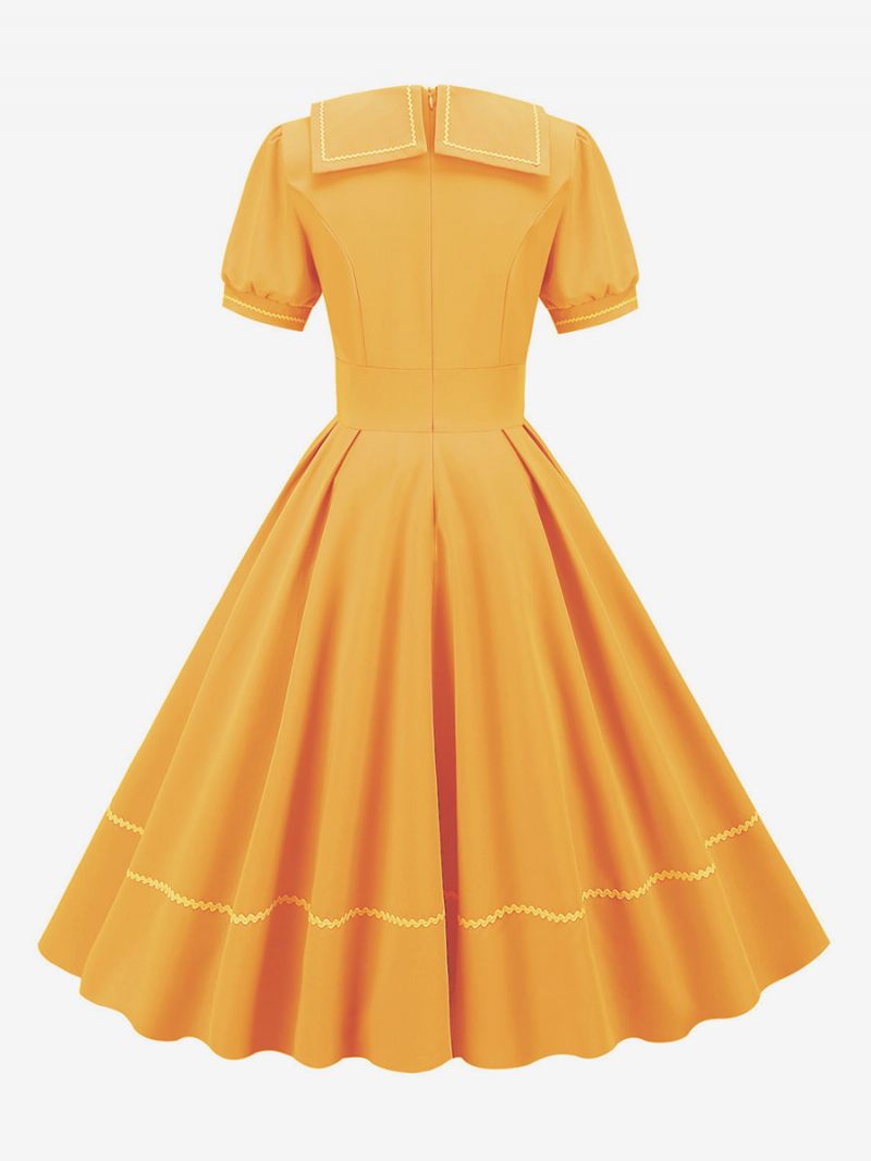 Robe Vintage Femme Années 1950 Audrey Hepburn Style Jaune Manches Courtes Col Rabattu Trapèze Moyenne - Jaune