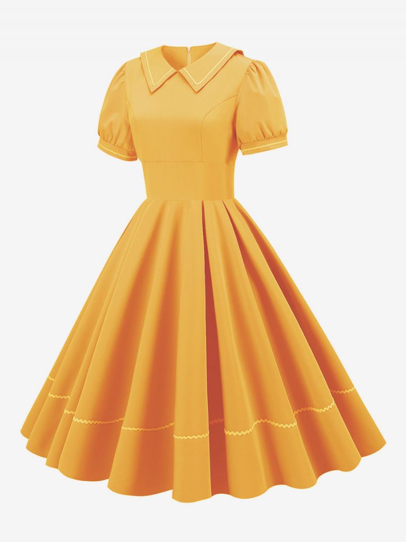 Robe Vintage Femme Années 1950 Audrey Hepburn Style Jaune Manches Courtes Col Rabattu Trapèze Moyenne - Jaune