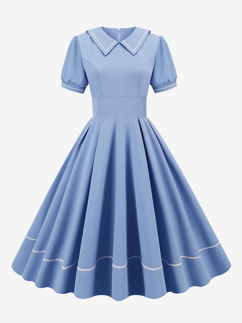 Robe Vintage Femme Années 1950 Audrey Hepburn Style Jaune Manches Courtes Col Rabattu Trapèze Moyenne - Bleu Ciel Clair