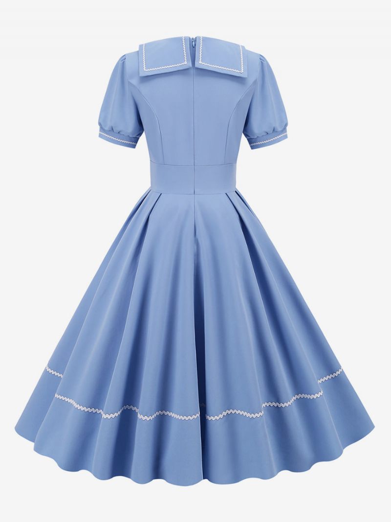 Robe Vintage Femme Années 1950 Audrey Hepburn Style Jaune Manches Courtes Col Rabattu Trapèze Moyenne - Bleu Ciel Clair