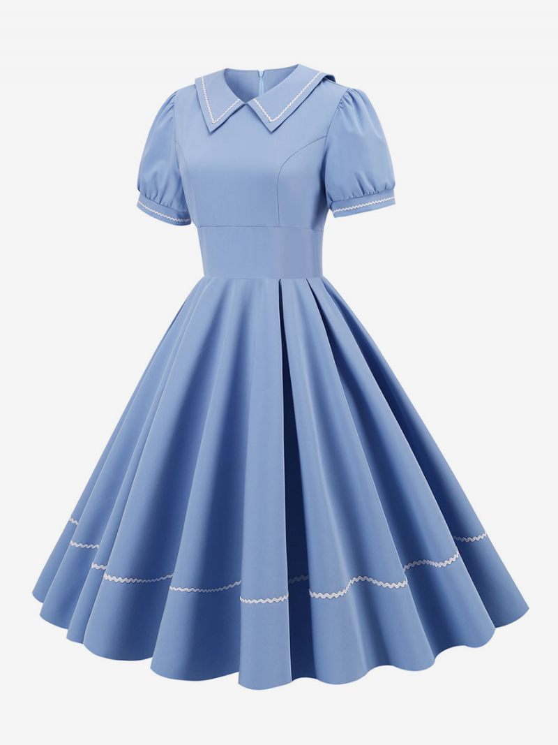 Robe Vintage Femme Années 1950 Audrey Hepburn Style Jaune Manches Courtes Col Rabattu Trapèze Moyenne - Bleu Ciel Clair