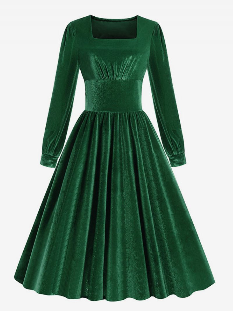 Robe Vintage Femme Années 1950 Audrey Hepburn Style Noir Manches Longues Col Carré Rockabilly - Vert