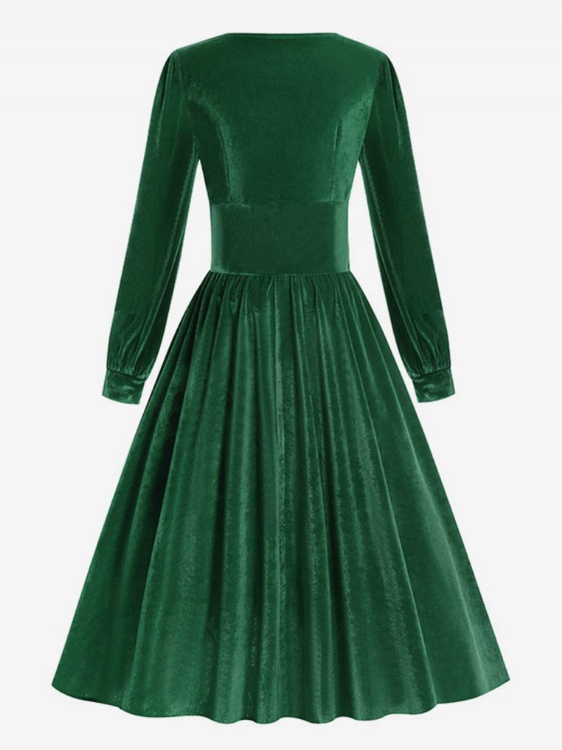 Robe Vintage Femme Années 1950 Audrey Hepburn Style Noir Manches Longues Col Carré Rockabilly - Vert