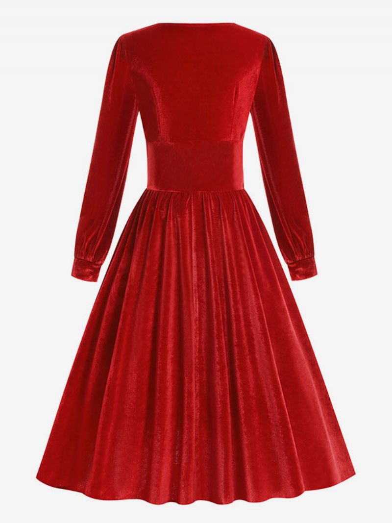 Robe Vintage Femme Années 1950 Audrey Hepburn Style Noir Manches Longues Col Carré Rockabilly - Rouge