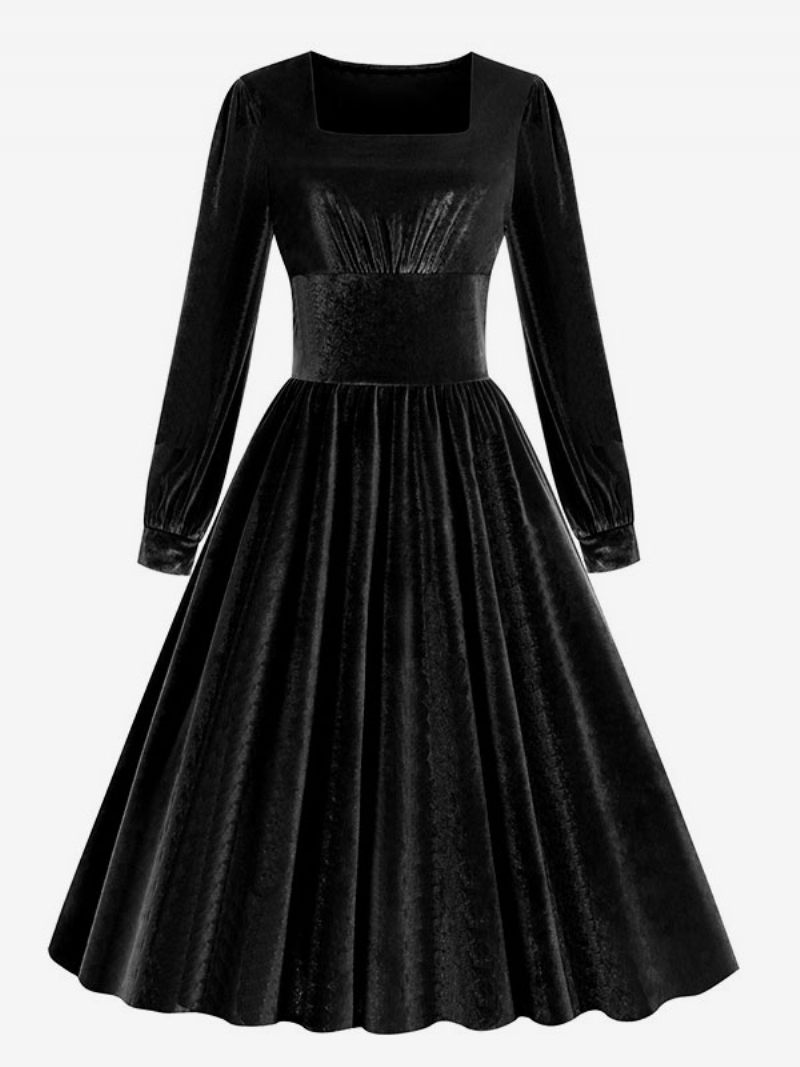 Robe Vintage Femme Années 1950 Audrey Hepburn Style Noir Manches Longues Col Carré Rockabilly - Noir