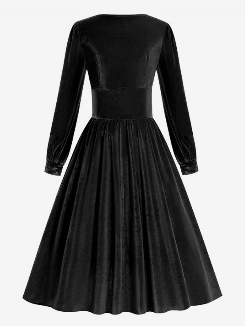 Robe Vintage Femme Années 1950 Audrey Hepburn Style Noir Manches Longues Col Carré Rockabilly - Noir