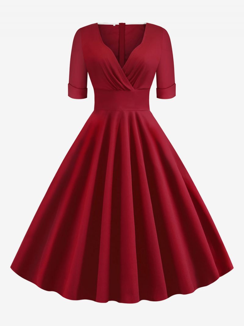 Robe Vintage Femme Années 1950 Audrey Hepburn Style Rouge Superposé Manches Courtes Col Cœur Rockabilly