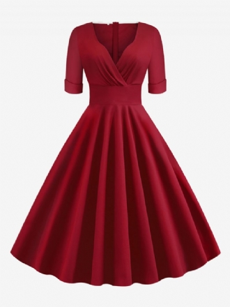 Robe Vintage Femme Années 1950 Audrey Hepburn Style Rouge Superposé Manches Courtes Col Cœur Rockabilly