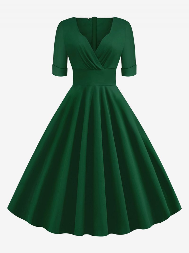 Robe Vintage Femme Années 1950 Audrey Hepburn Style Rouge Superposé Manches Courtes Col Cœur Rockabilly - Vert