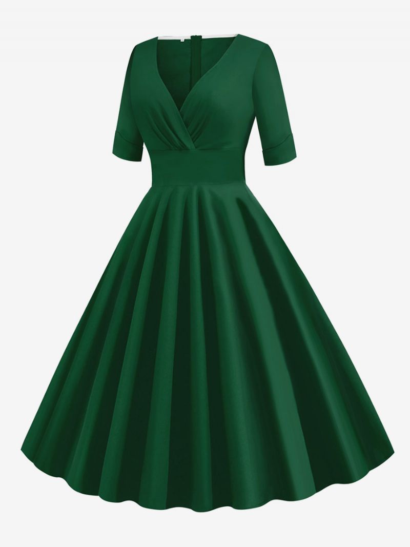 Robe Vintage Femme Années 1950 Audrey Hepburn Style Rouge Superposé Manches Courtes Col Cœur Rockabilly - Vert