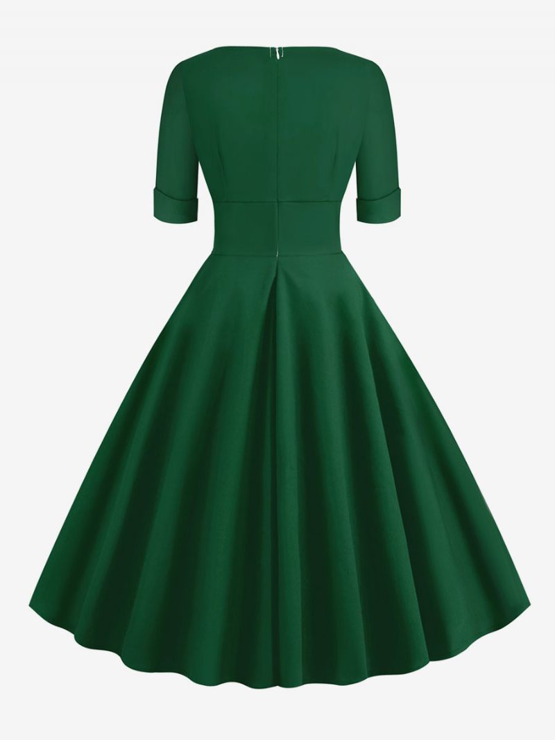 Robe Vintage Femme Années 1950 Audrey Hepburn Style Rouge Superposé Manches Courtes Col Cœur Rockabilly - Vert