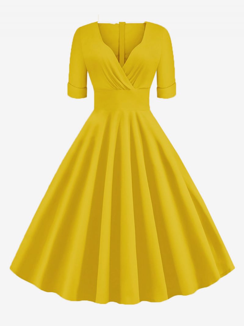 Robe Vintage Femme Années 1950 Audrey Hepburn Style Rouge Superposé Manches Courtes Col Cœur Rockabilly - Jaune