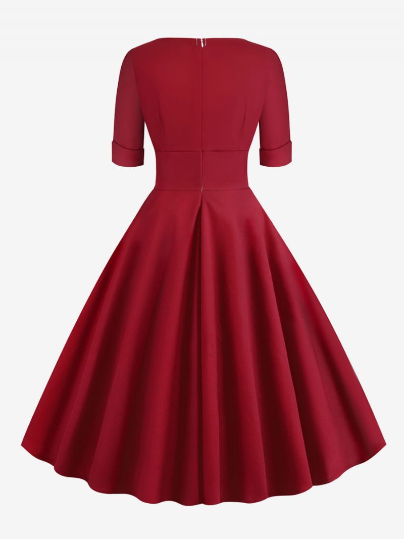 Robe Vintage Femme Années 1950 Audrey Hepburn Style Rouge Superposé Manches Courtes Col Cœur Rockabilly - Rouge