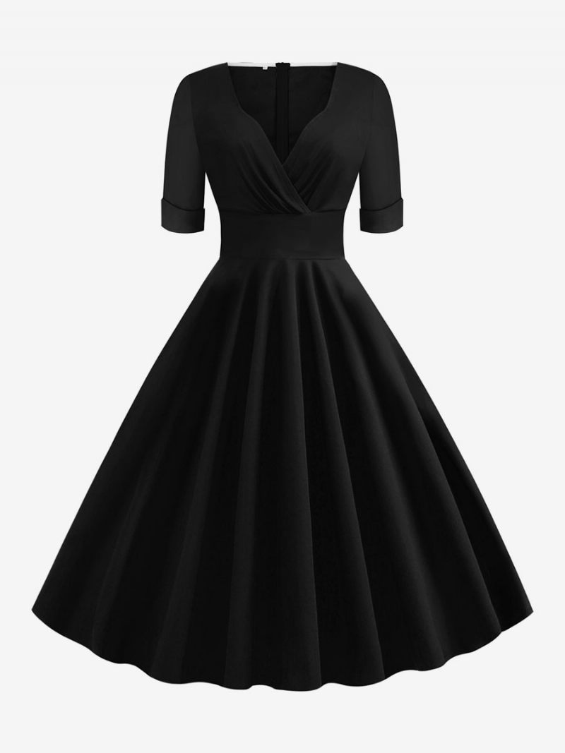 Robe Vintage Femme Années 1950 Audrey Hepburn Style Rouge Superposé Manches Courtes Col Cœur Rockabilly - Noir