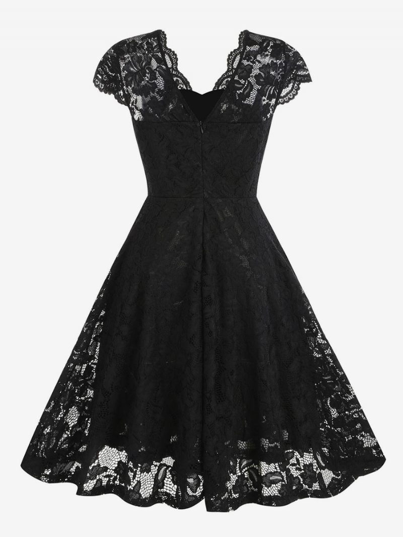 Robe Vintage Pour Femme Années 1950 Style Audrey Hepburn Col V Dentelle Sans Manches Trapèze Moyenne - Noir