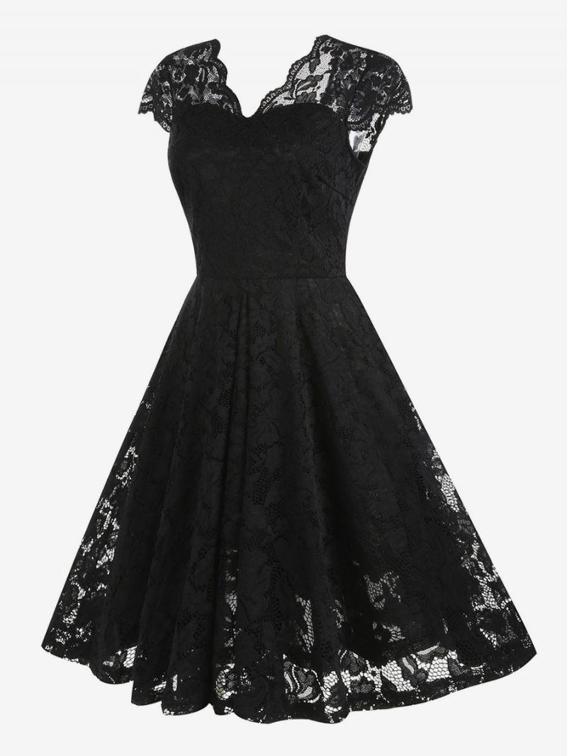 Robe Vintage Pour Femme Années 1950 Style Audrey Hepburn Col V Dentelle Sans Manches Trapèze Moyenne - Noir