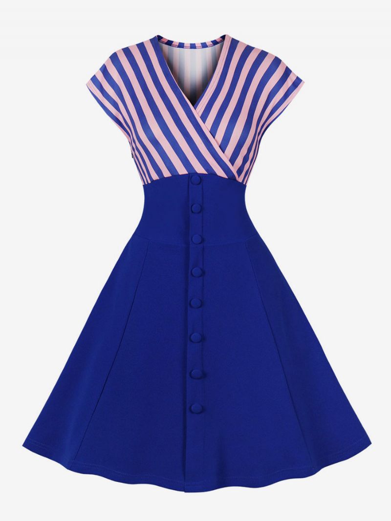 Robe Vintage Pour Femme Des Années 1950 Audrey Hepburn Style Blue Stripes Rockabilly À Col V - Bleu