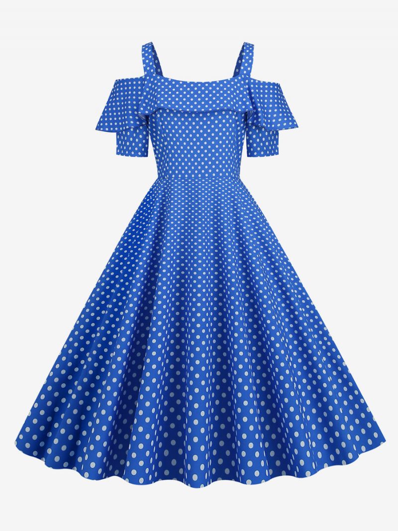 Robe Vintage Pour Femme Des Années 1950. Col Bateau Manches Courtes Rockabilly À Pois Moyens