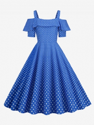 Robe Vintage Pour Femme Des Années 1950. Col Bateau Manches Courtes Rockabilly À Pois Moyens