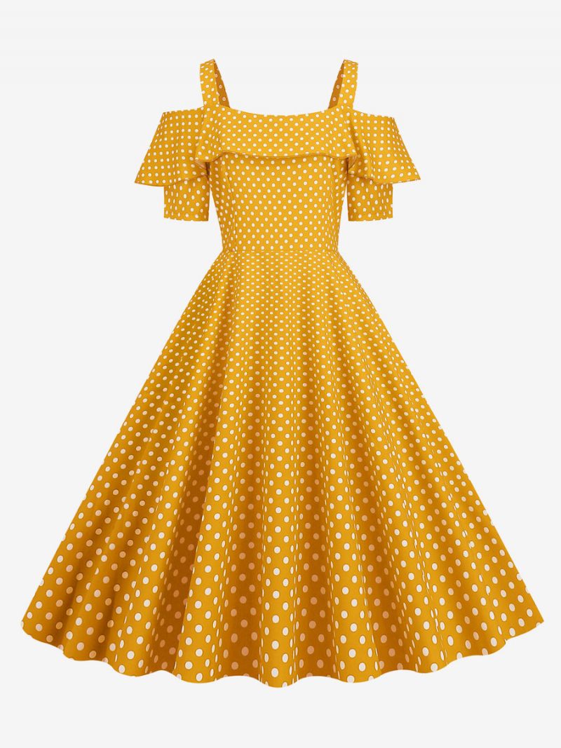 Robe Vintage Pour Femme Des Années 1950. Col Bateau Manches Courtes Rockabilly À Pois Moyens - Jaune