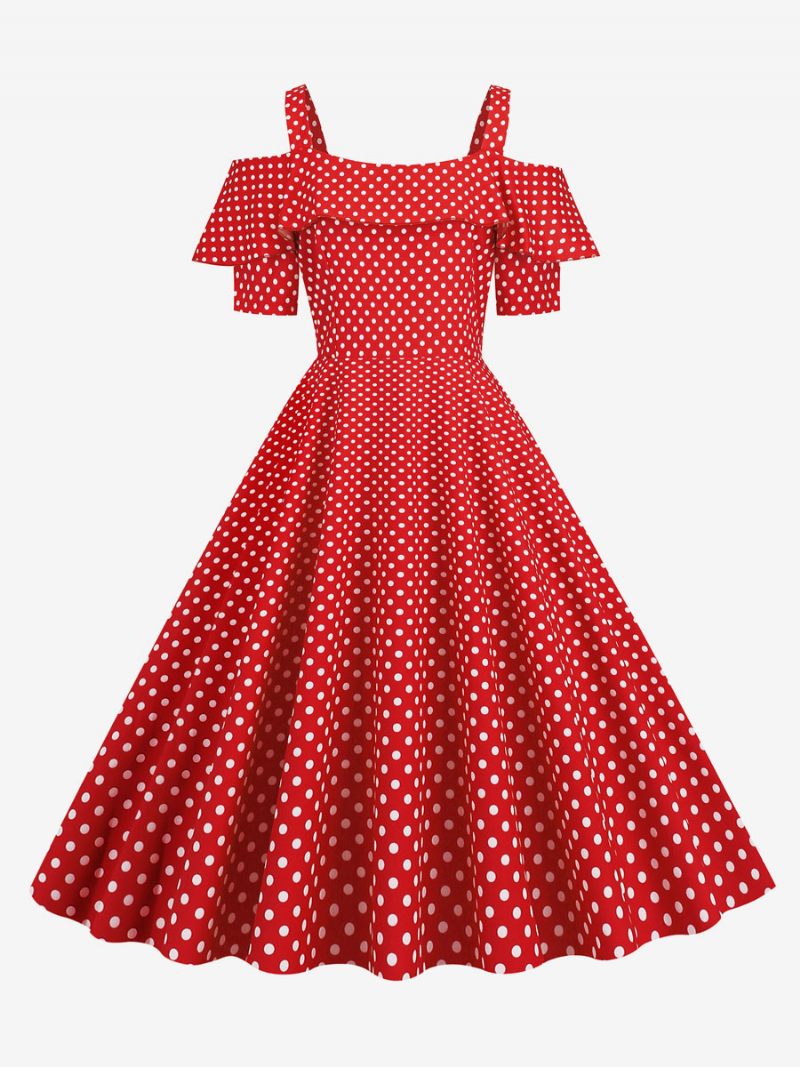 Robe Vintage Pour Femme Des Années 1950. Col Bateau Manches Courtes Rockabilly À Pois Moyens - Rouge