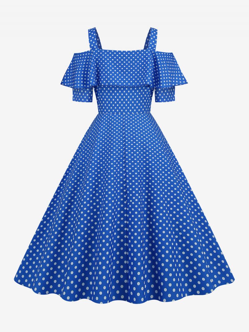 Robe Vintage Pour Femme Des Années 1950. Col Bateau Manches Courtes Rockabilly À Pois Moyens - Bleu