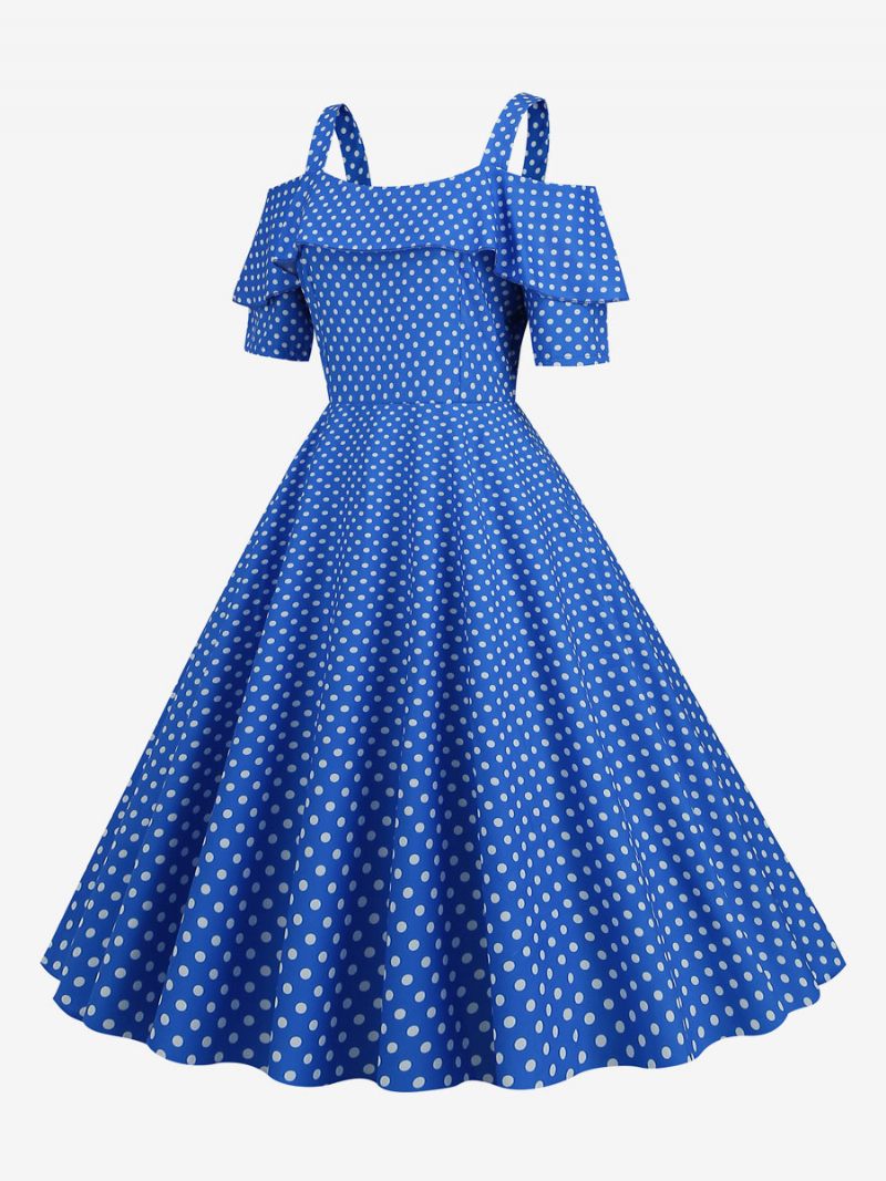 Robe Vintage Pour Femme Des Années 1950. Col Bateau Manches Courtes Rockabilly À Pois Moyens - Bleu