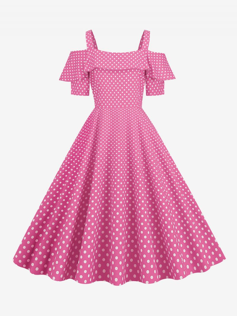 Robe Vintage Pour Femme Des Années 1950. Col Bateau Manches Courtes Rockabilly À Pois Moyens - Rose