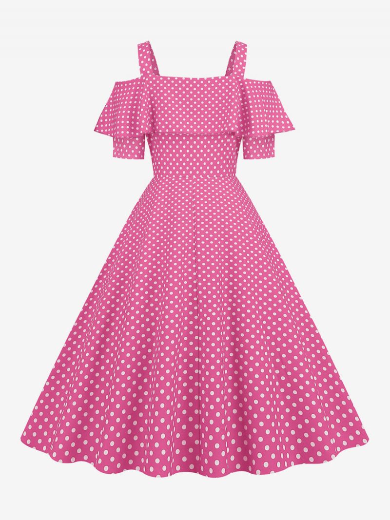 Robe Vintage Pour Femme Des Années 1950. Col Bateau Manches Courtes Rockabilly À Pois Moyens - Rose