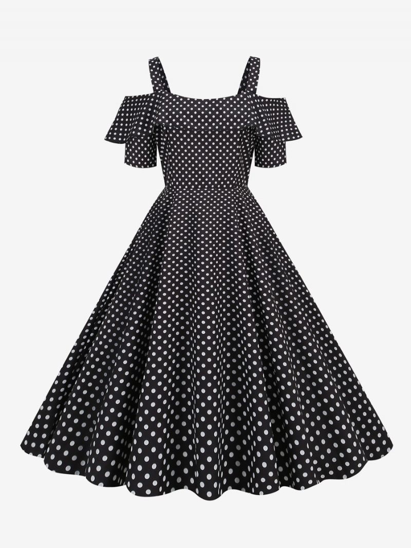 Robe Vintage Pour Femme Des Années 1950. Col Bateau Manches Courtes Rockabilly À Pois Moyens - Noir