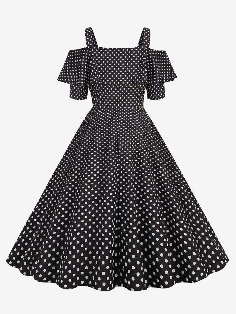 Robe Vintage Pour Femme Des Années 1950. Col Bateau Manches Courtes Rockabilly À Pois Moyens - Noir