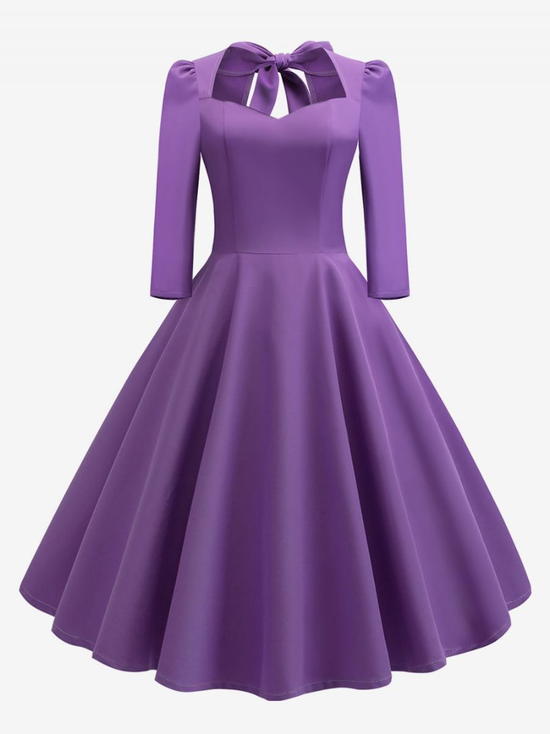 Robe Vintage Pour Femme Des Années 1950 Style Audrey Hepburn Col Cœur Dos Nu Manches 3/4 Rockabilly - Violet