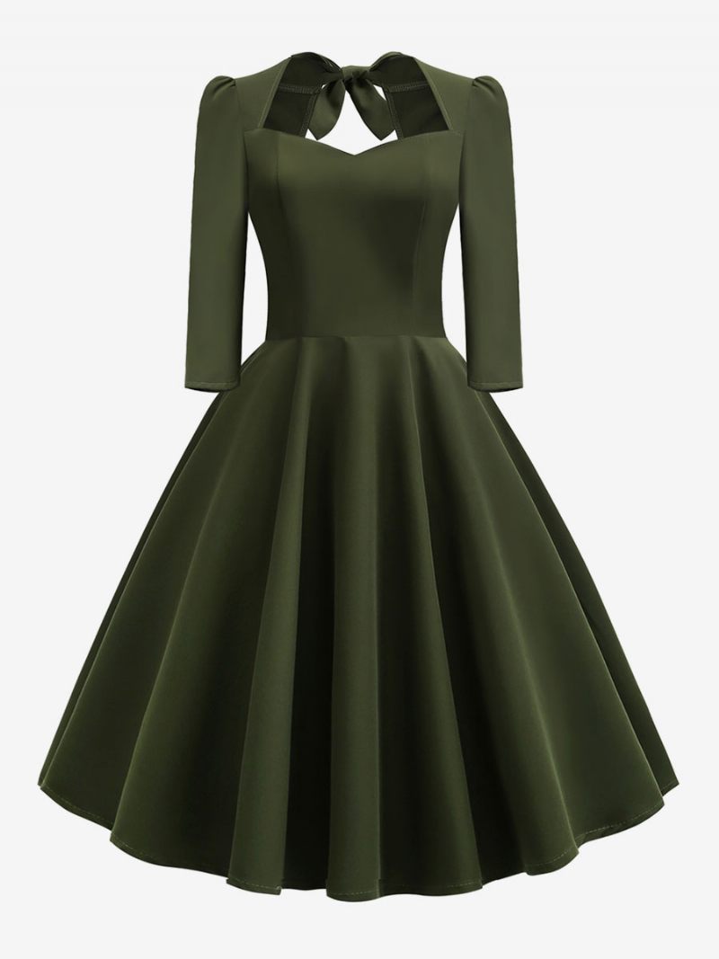 Robe Vintage Pour Femme Des Années 1950 Style Audrey Hepburn Col Cœur Dos Nu Manches 3/4 Rockabilly - Vert Chasseur