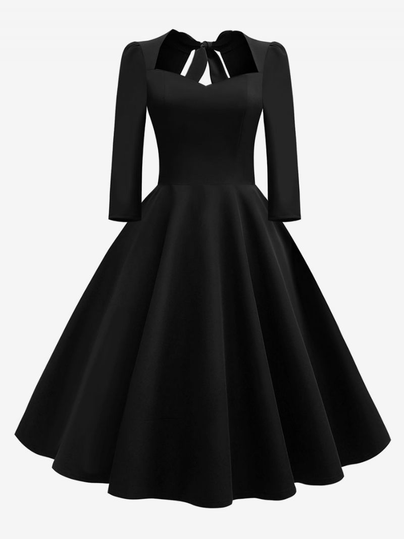 Robe Vintage Pour Femme Des Années 1950 Style Audrey Hepburn Col Cœur Dos Nu Manches 3/4 Rockabilly - Noir